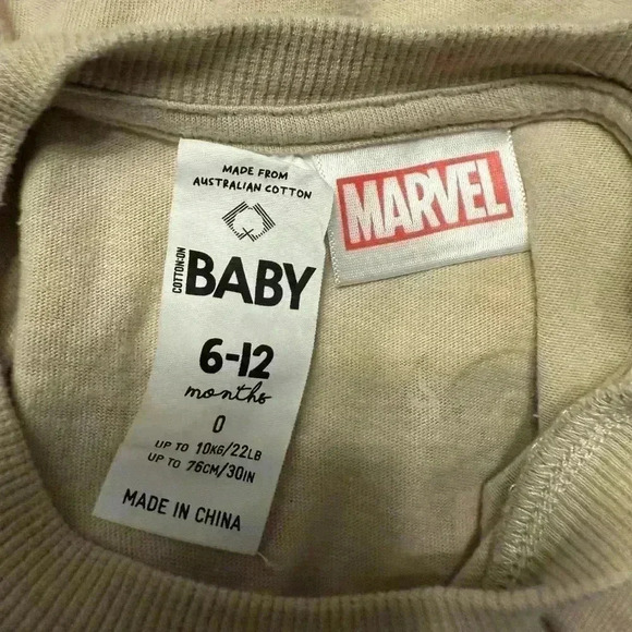 Baby Marvel long sleeve comic book graphic T shirt in tan size 6-12 months NWOT - Picture 2 of 6